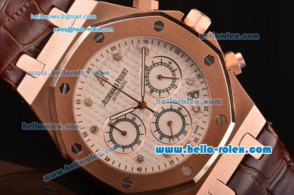 Audemars Piguet Royal Oak Chronograph Miyota OS20 Quartz Rose Gold Case with Brown Leather Strap White Dial and Dimond Markers - Click Image to Close